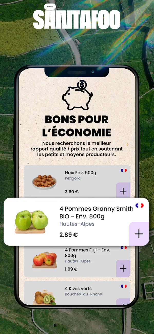 Official SANTAFOO iPhone App Store preview showing grocery products and adding items to the cart